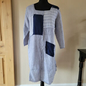 VTG BODIL 100% LINEN patchwork dress  Raw Hem 3-QUART Sleeve Size Small